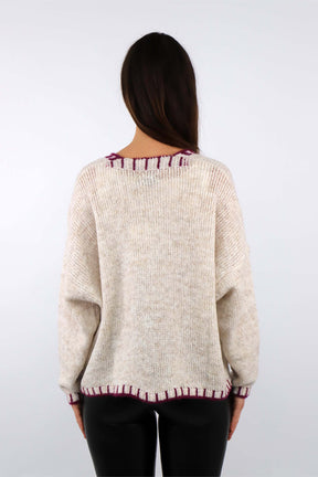 Strickjacke mit Kontrast-Rand und Knöpfen - Beige/Beere