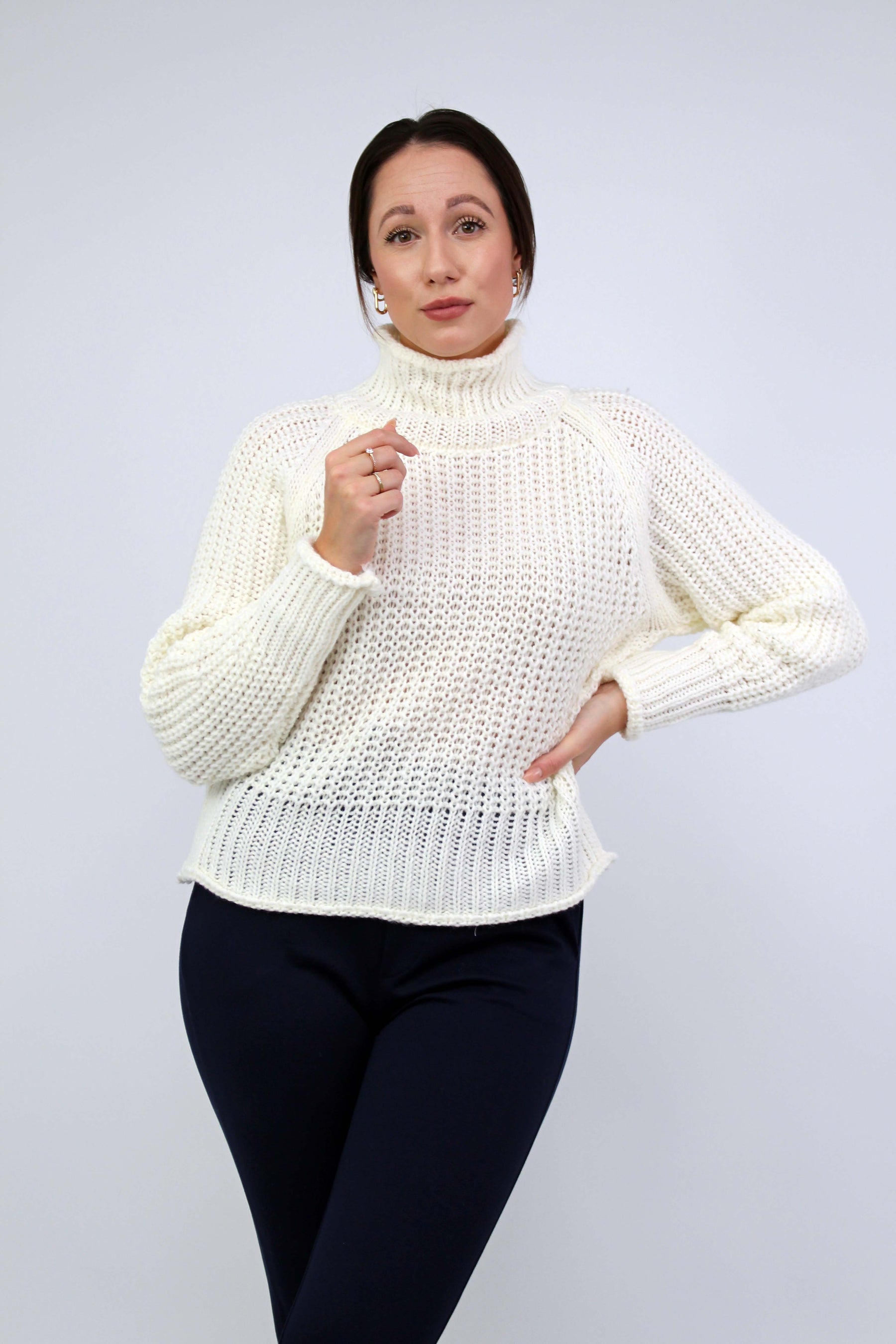 Pullover Stehkragen Grobstrick - Wollweiß