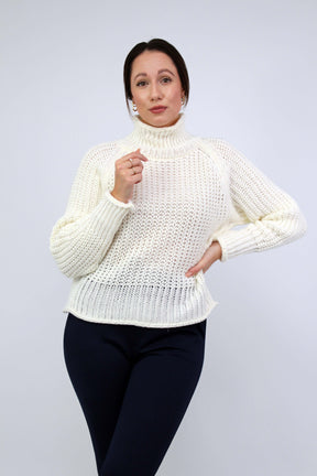 Pullover Stehkragen Grobstrick - Wollweiß