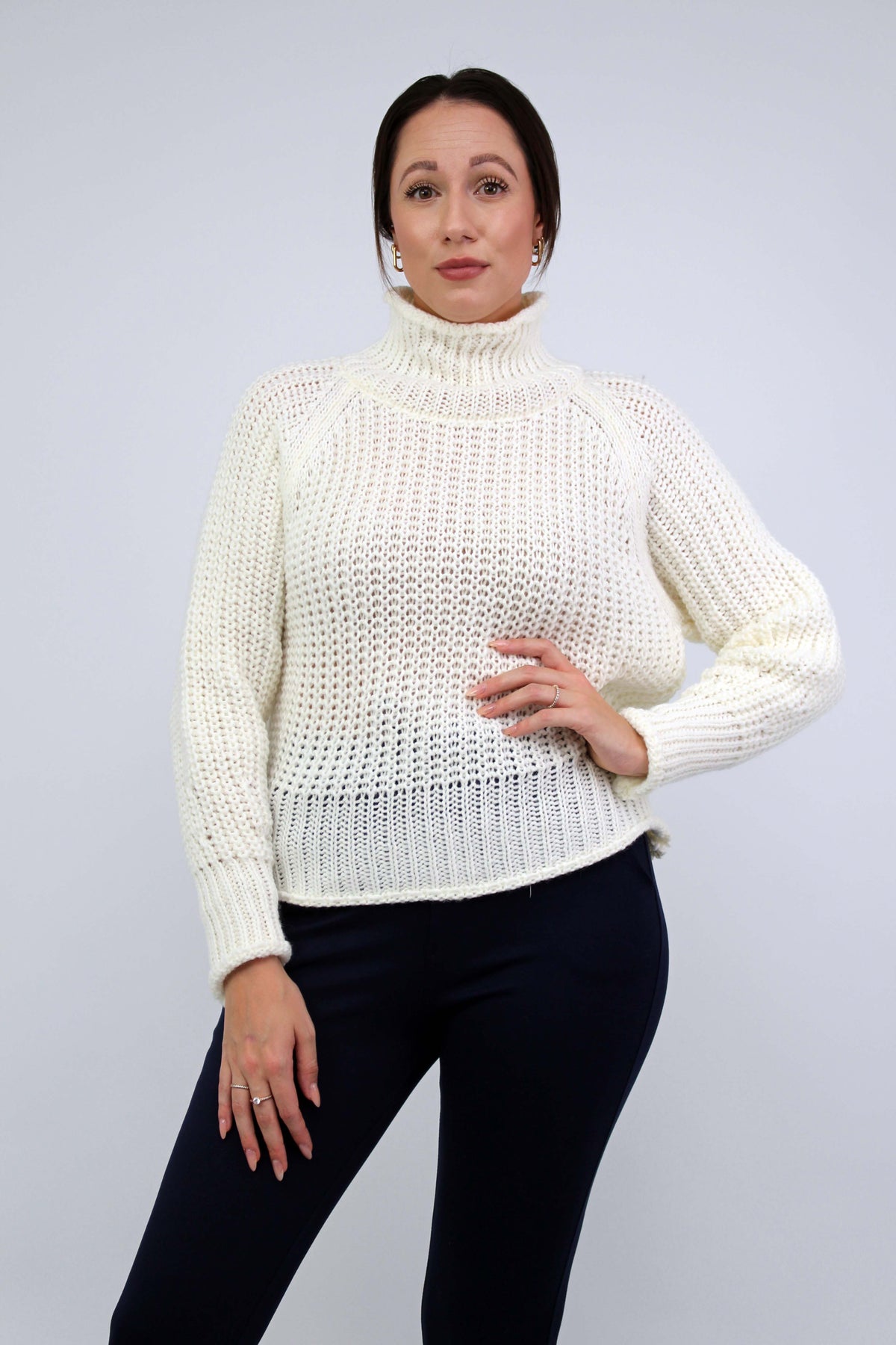 Pullover Stehkragen Grobstrick - Wollweiß