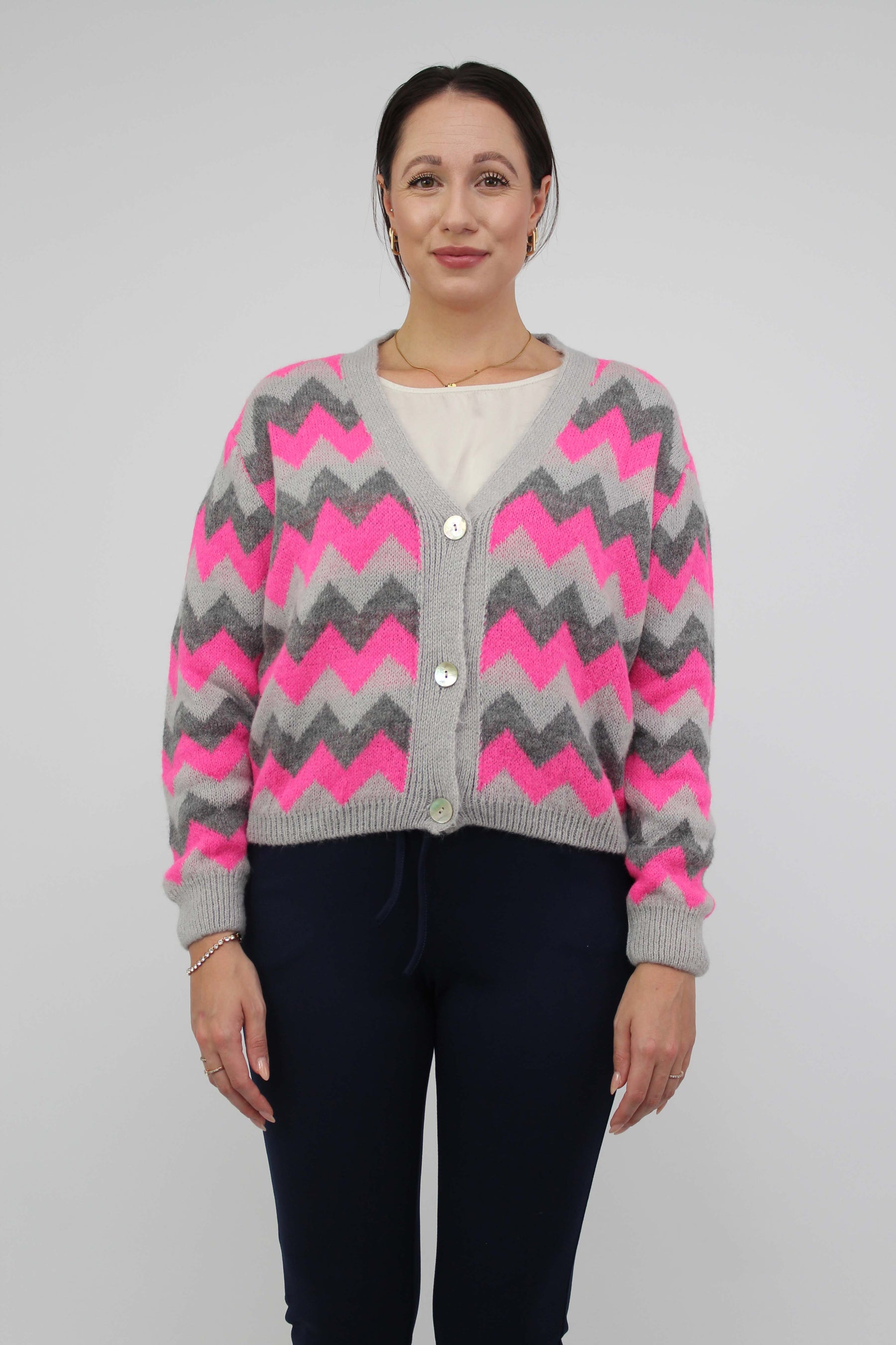 Strickjacke Muster - Grau/Pink
