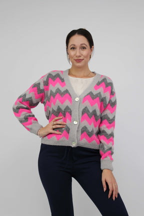 Strickjacke Muster - Grau/Pink