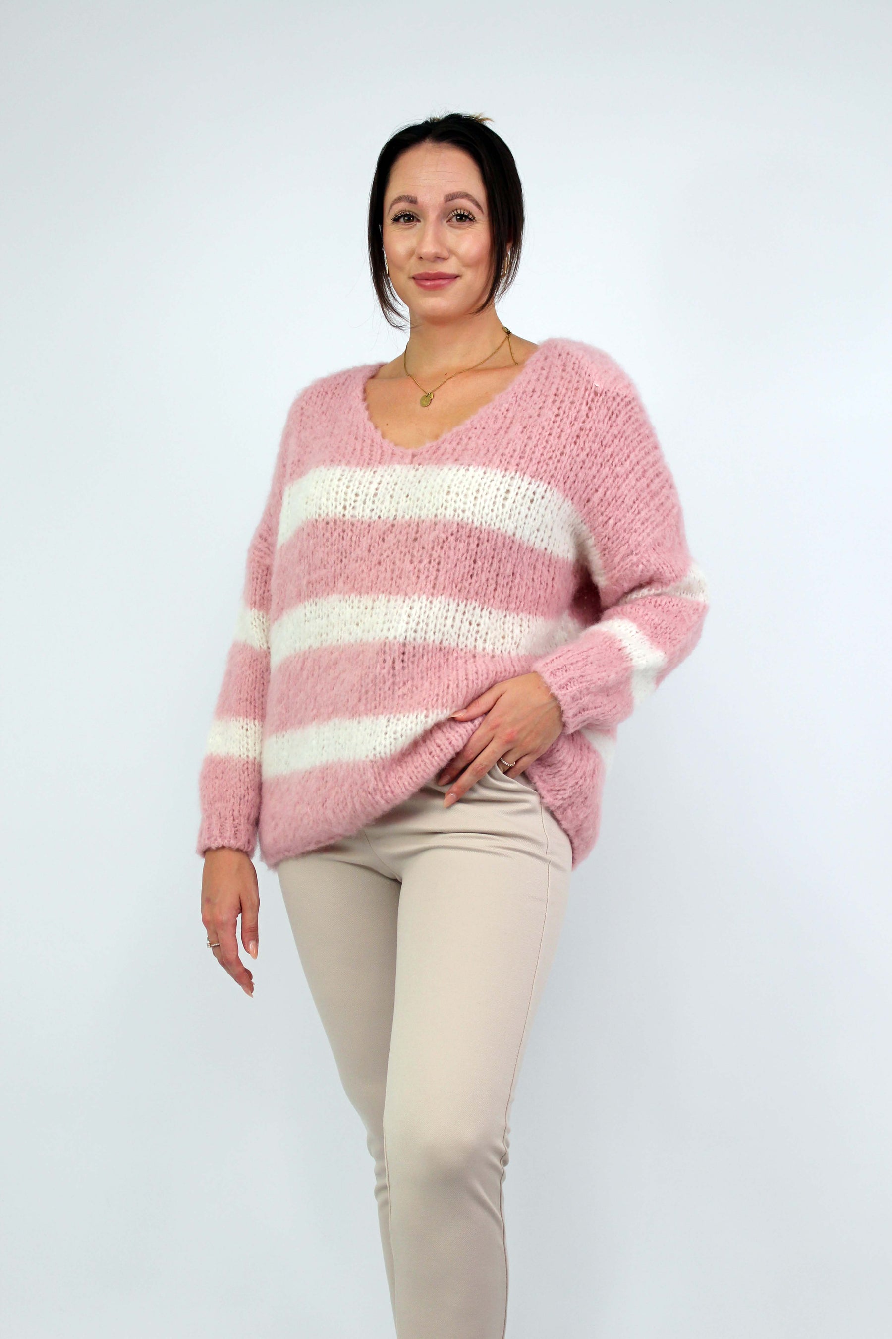Pullover Streifen "Gebrushed" - Rosa