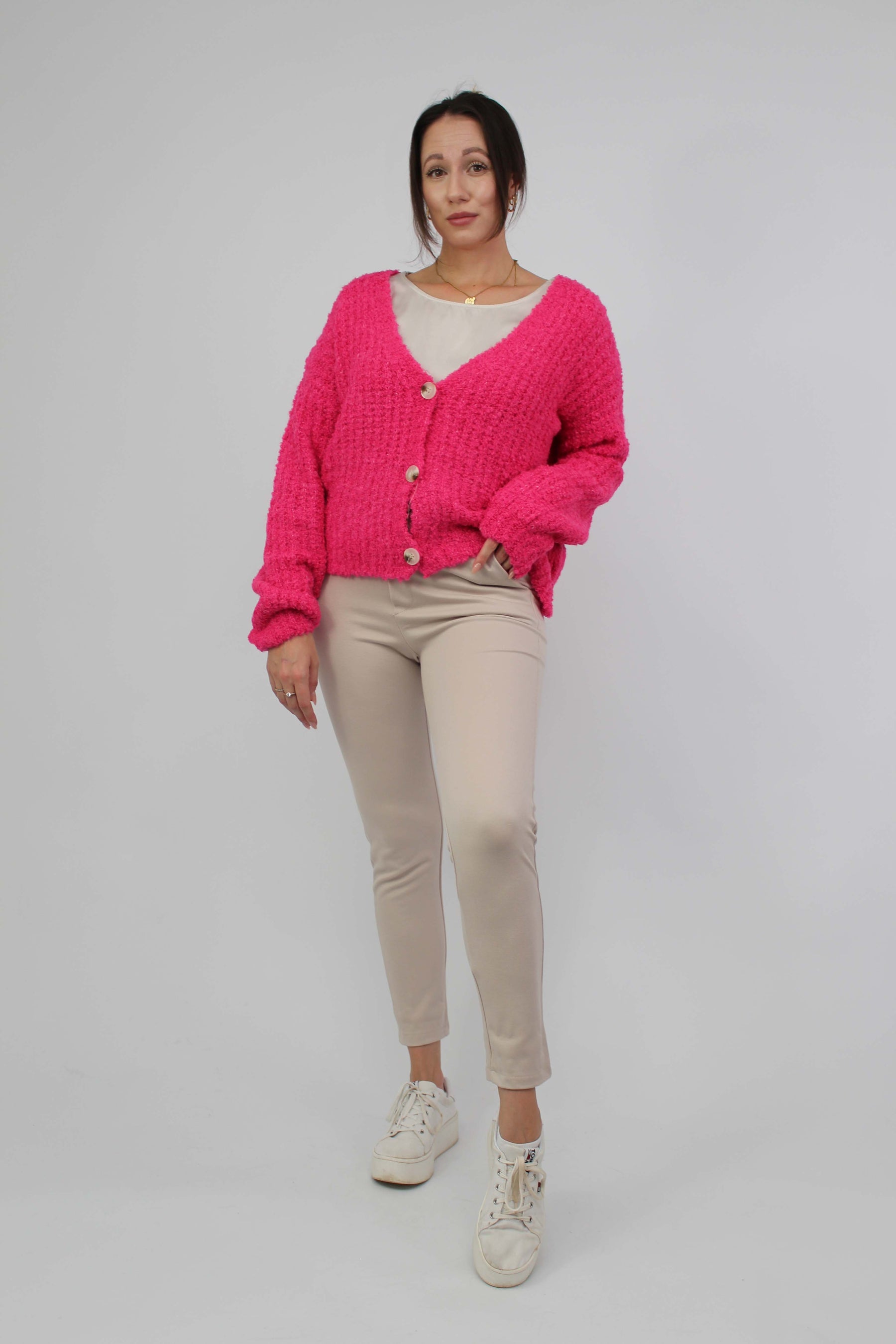 Strickjacke "bouclée" mit Knöpfen - Pink