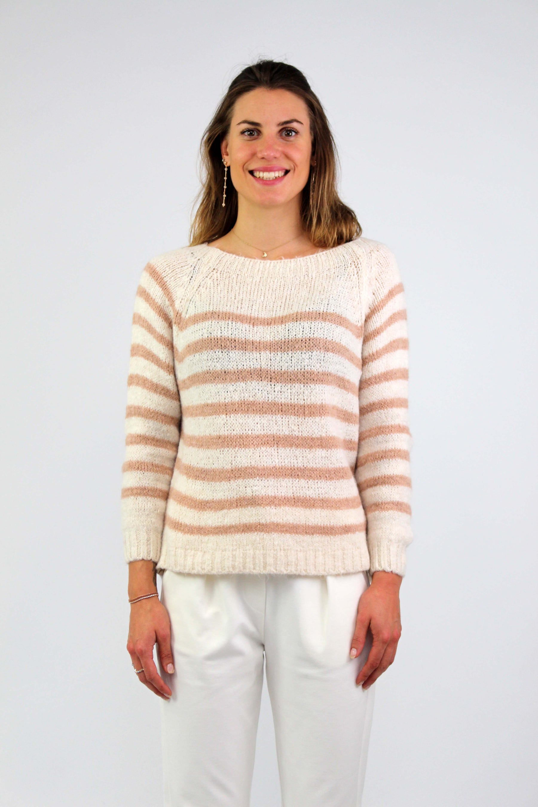 Pullover Streifenoptik - Wollweiß/Rosa
