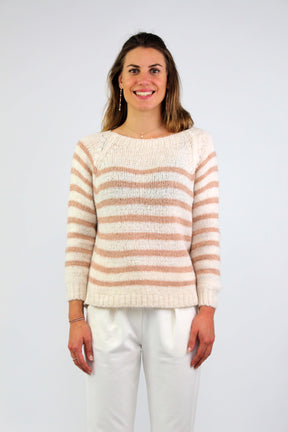Pullover Streifenoptik - Wollweiß/Rosa
