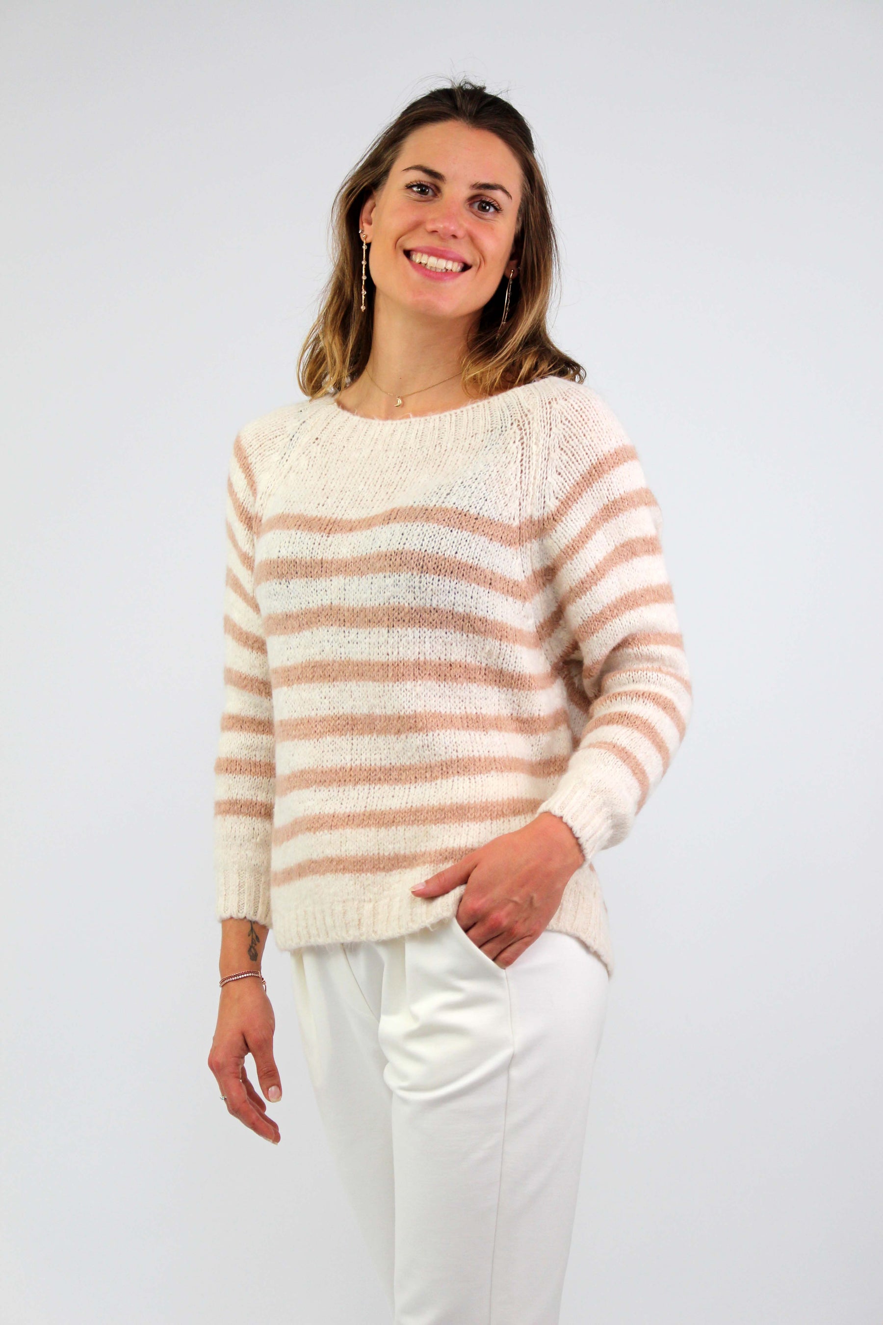 Pullover Streifenoptik - Wollweiß/Rosa