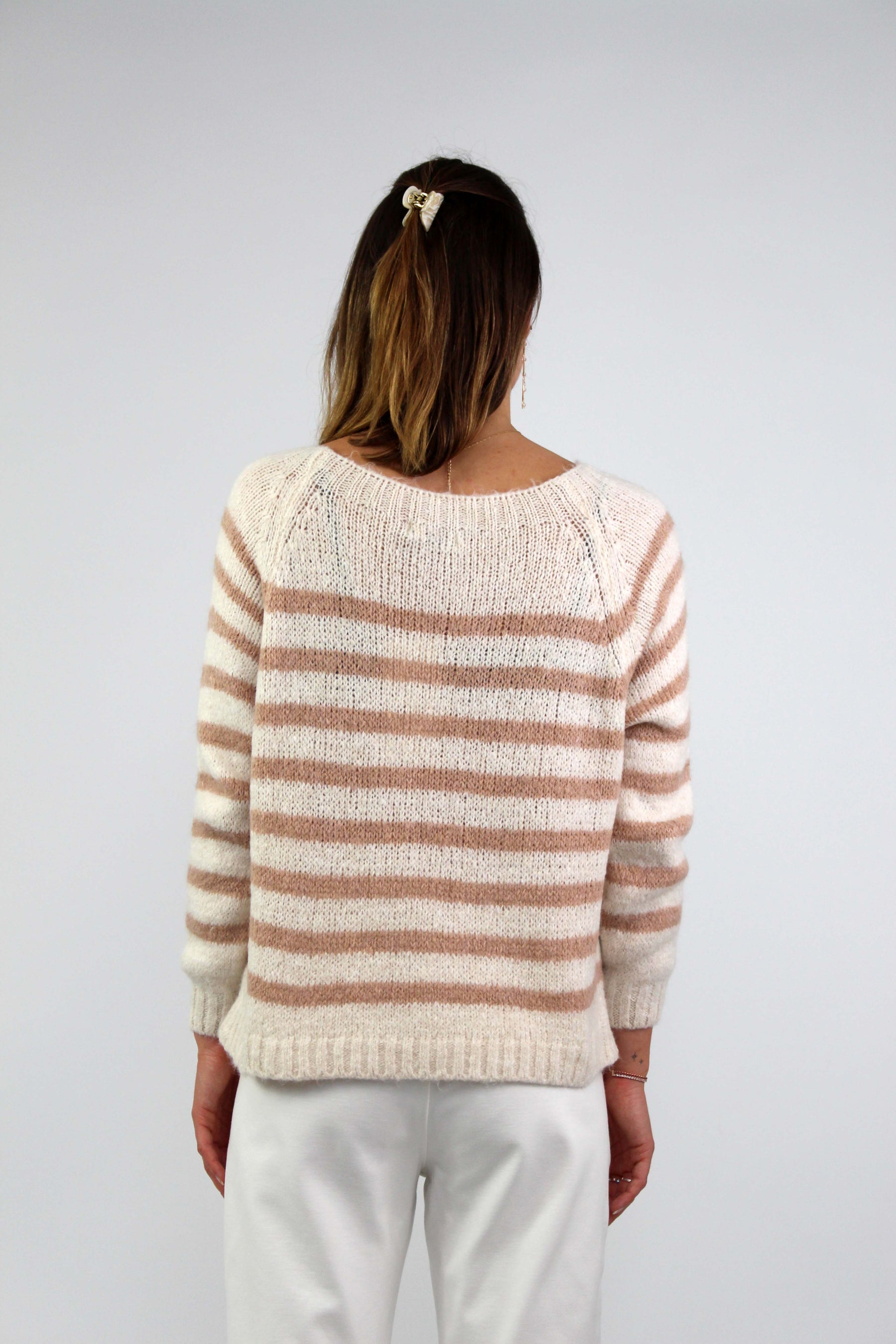 Pullover Streifenoptik - Wollweiß/Rosa