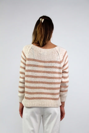 Pullover Streifenoptik - Wollweiß/Rosa