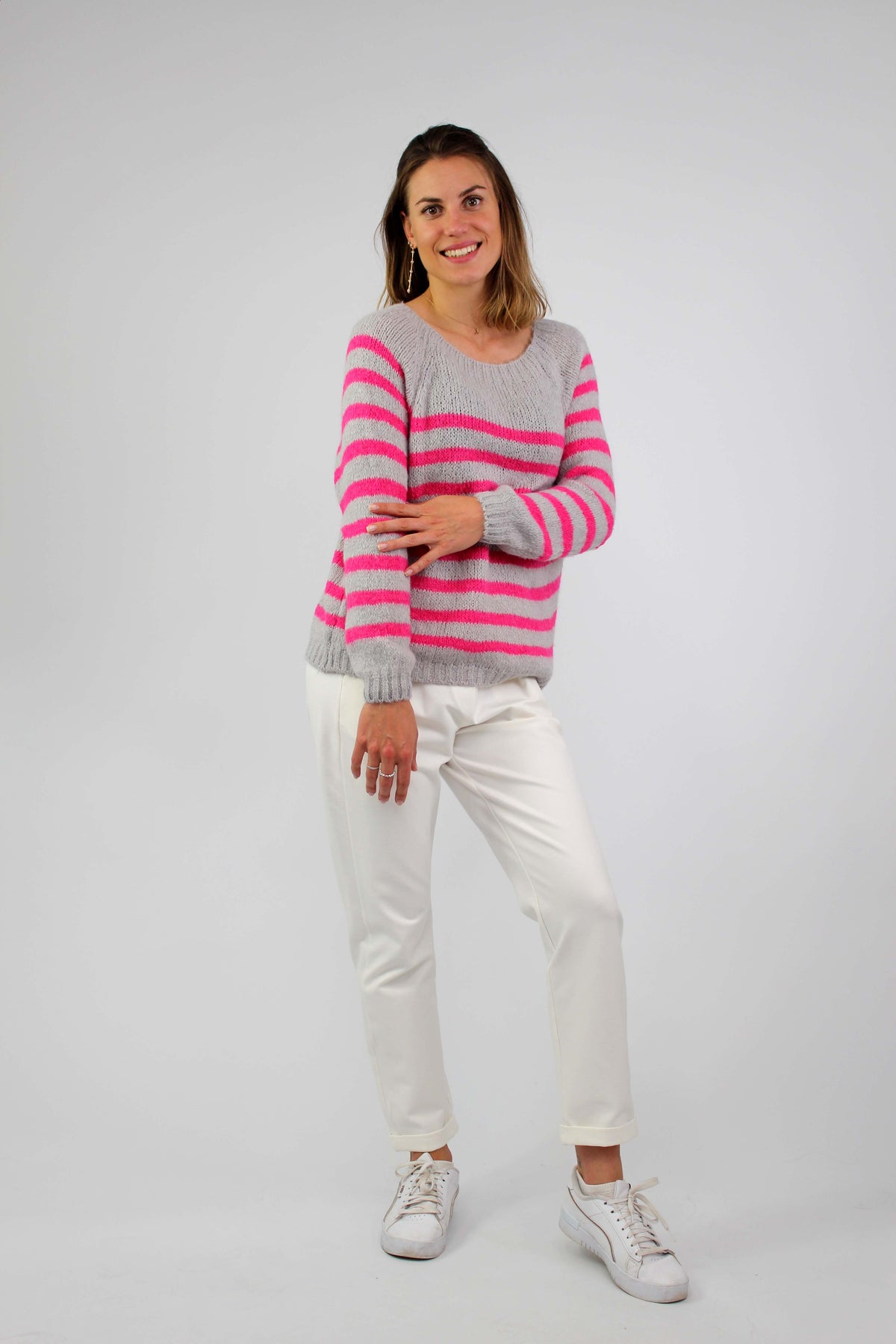 Pullover Streifenoptik - Grau/Pink