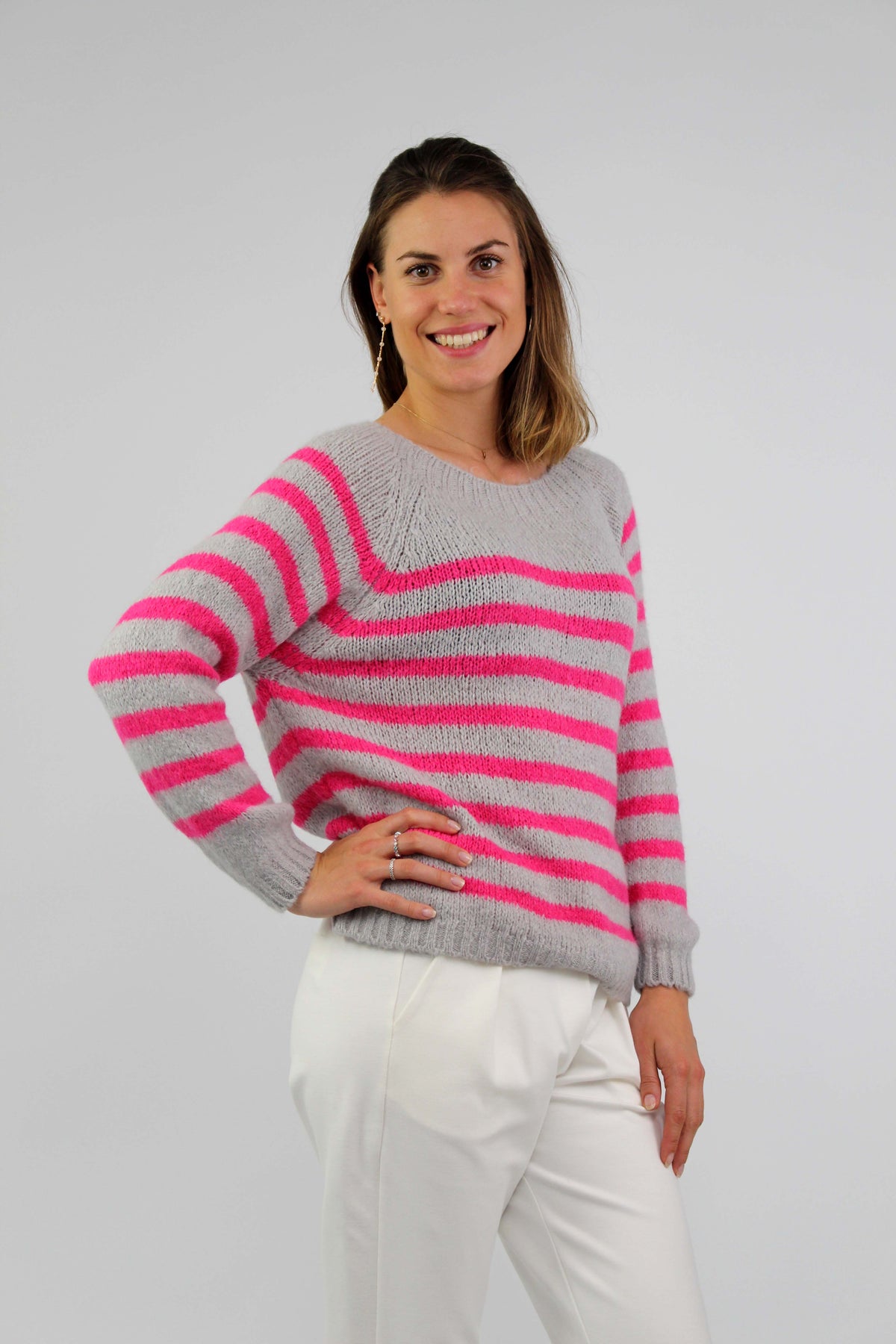 Pullover Streifenoptik - Grau/Pink