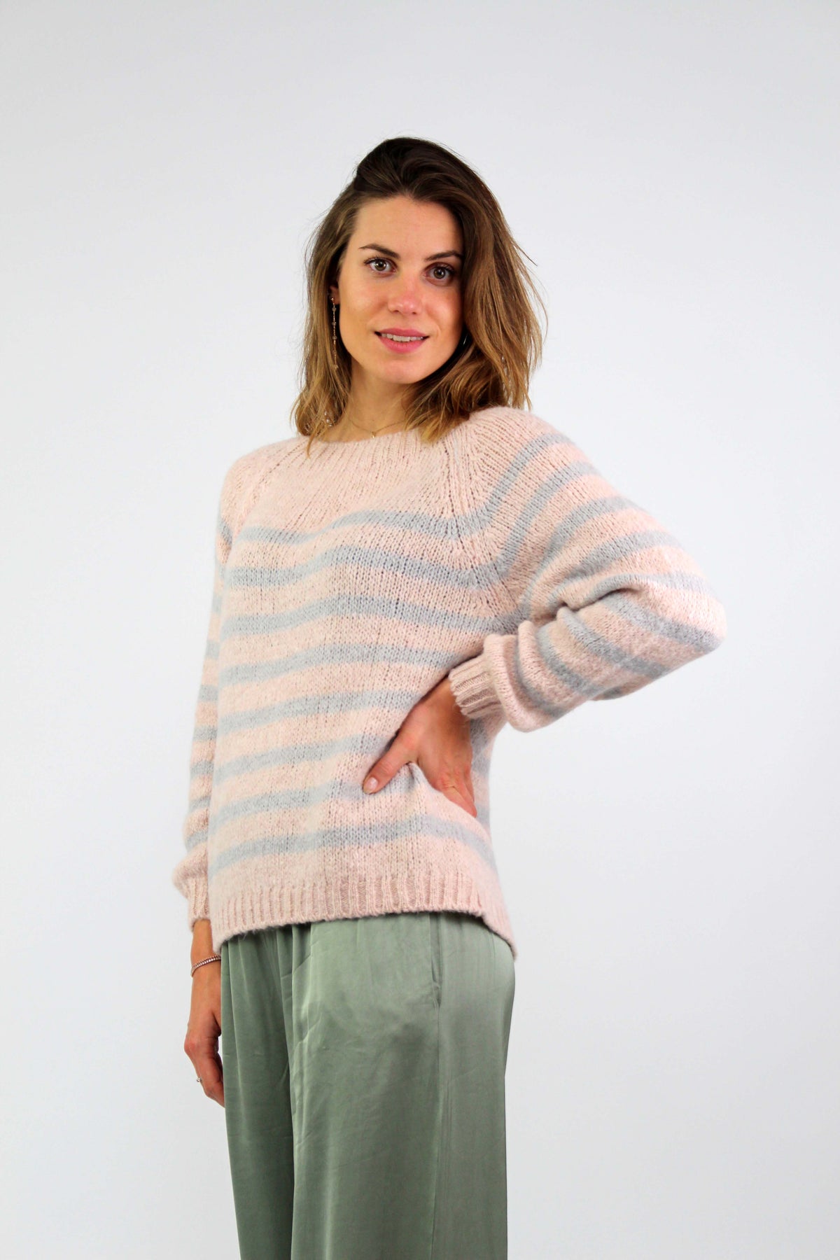 Pullover Streifenoptik - Rosa/Grau