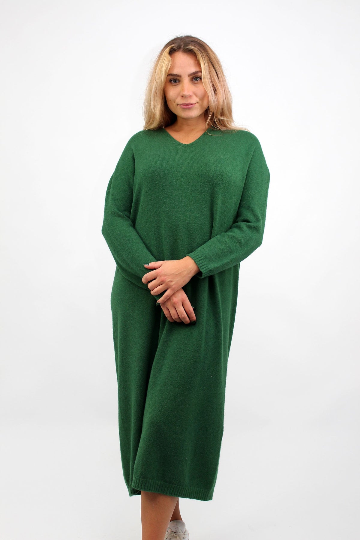 Strickkleid mit V-Ausschnitt - Grün