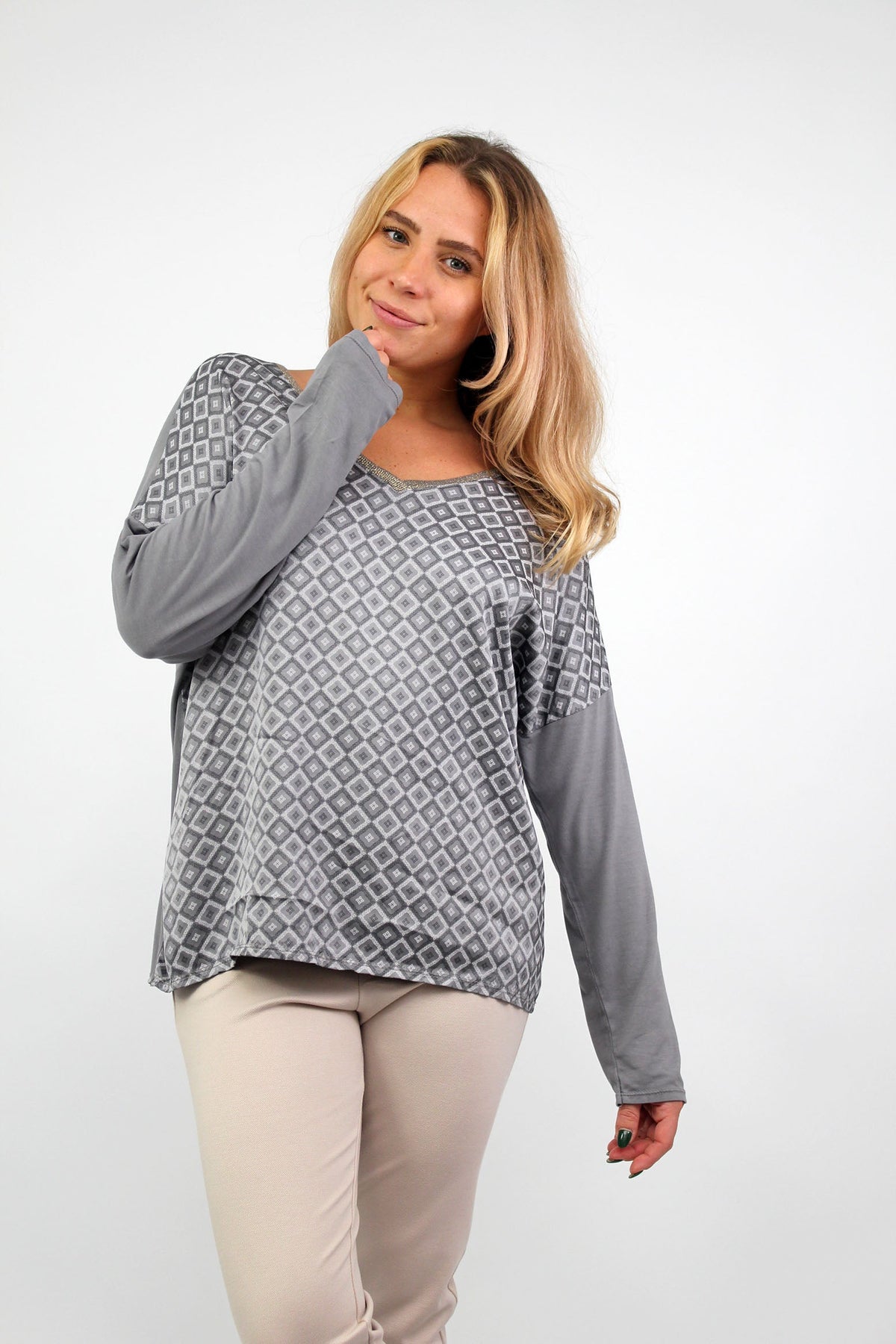 Seidenshirt mit Aufdruck - Grau