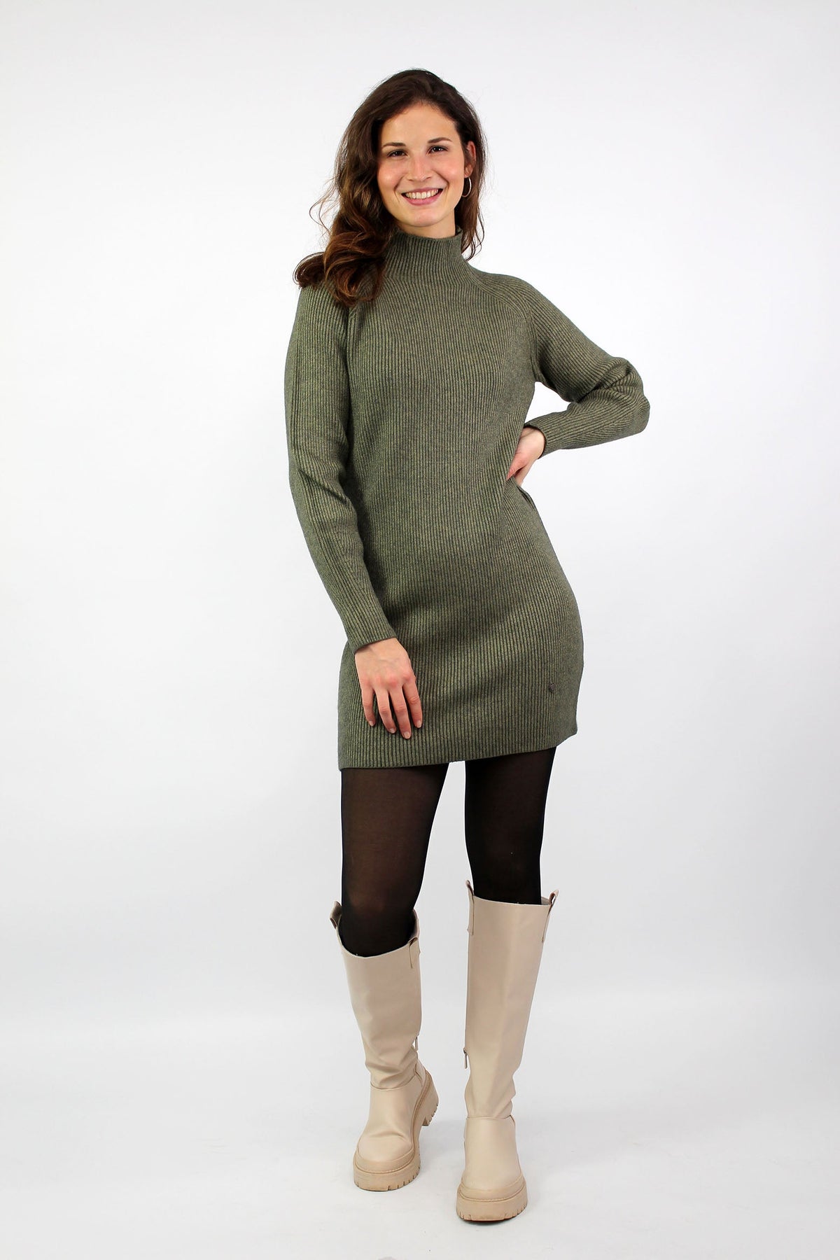 Strickkleid mit Stehkragen - Khaki