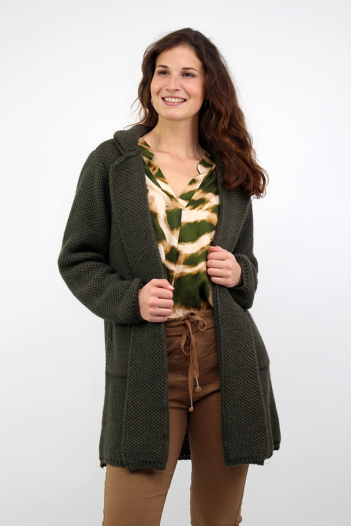 Strickjacke mit Revers Kragen - Khaki