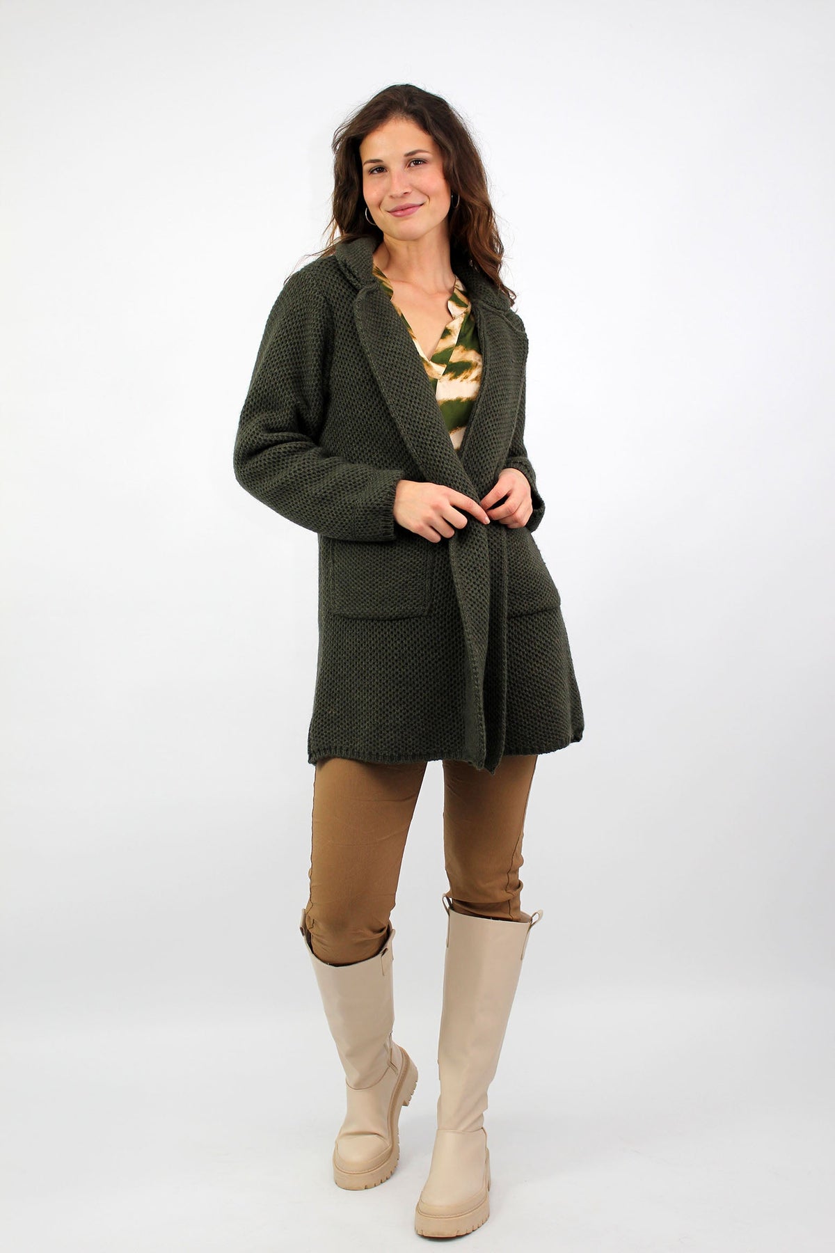 Strickjacke mit Revers Kragen - Khaki