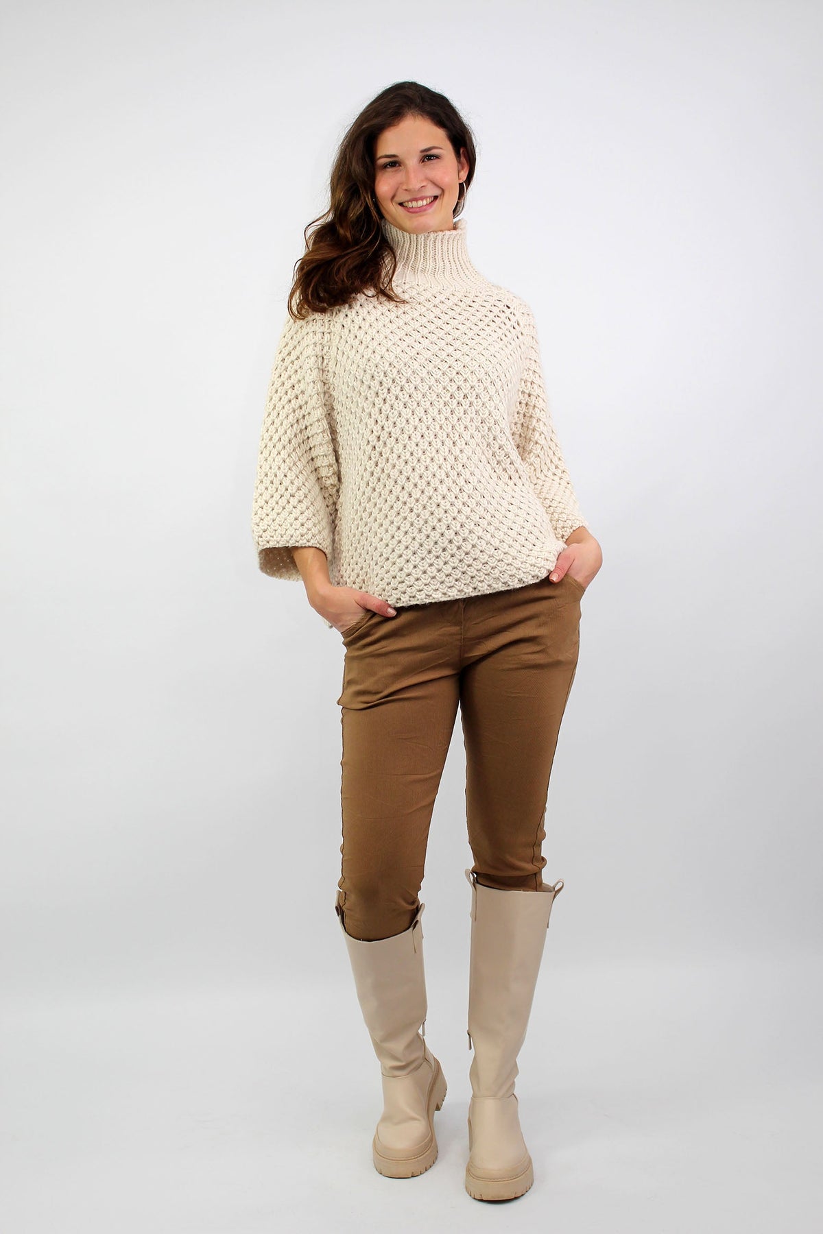 Pullover "Grobstrick mit Stehkragen" - Beige