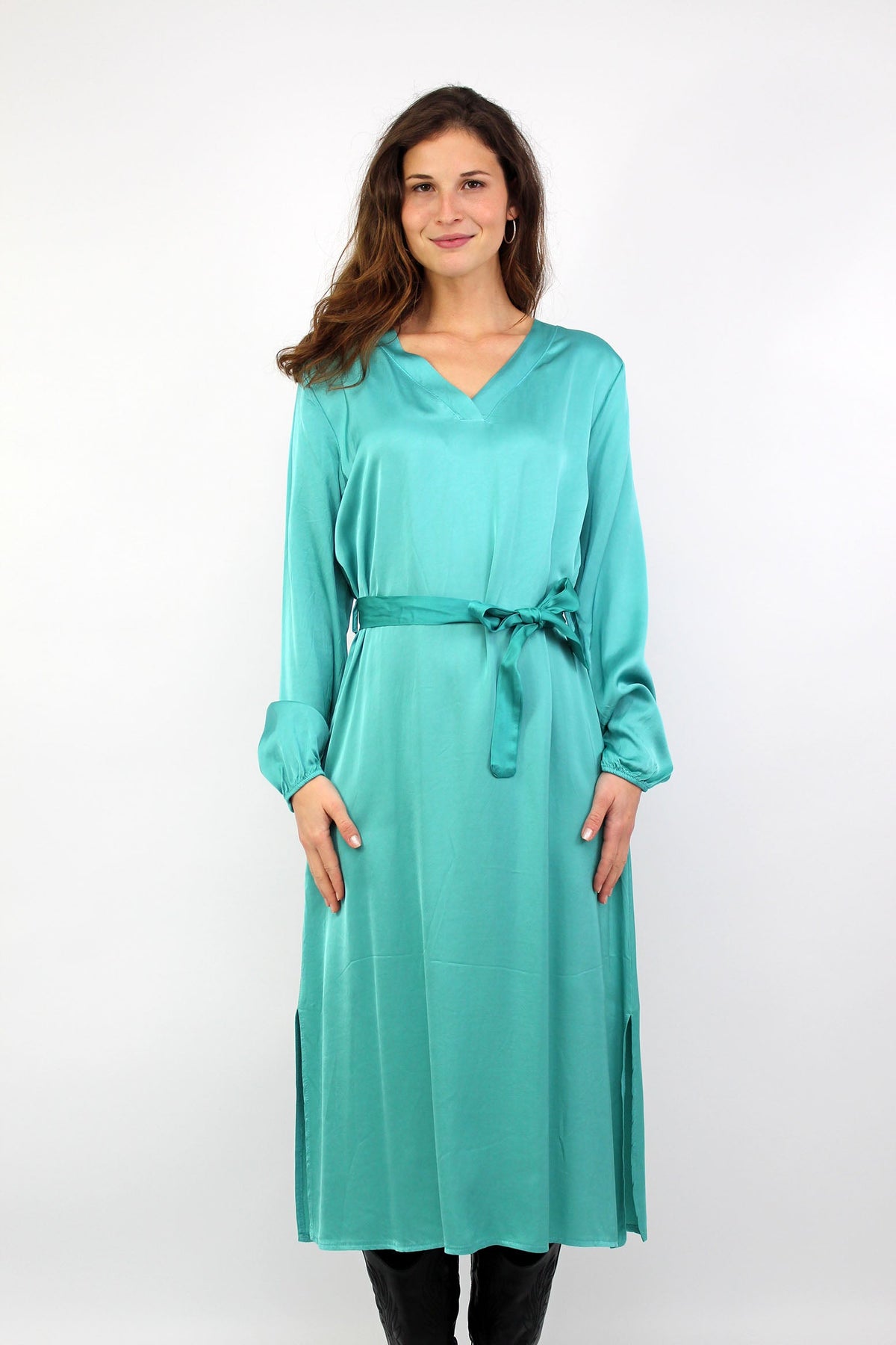 Seidenkleid mit Gürtel - Türkis