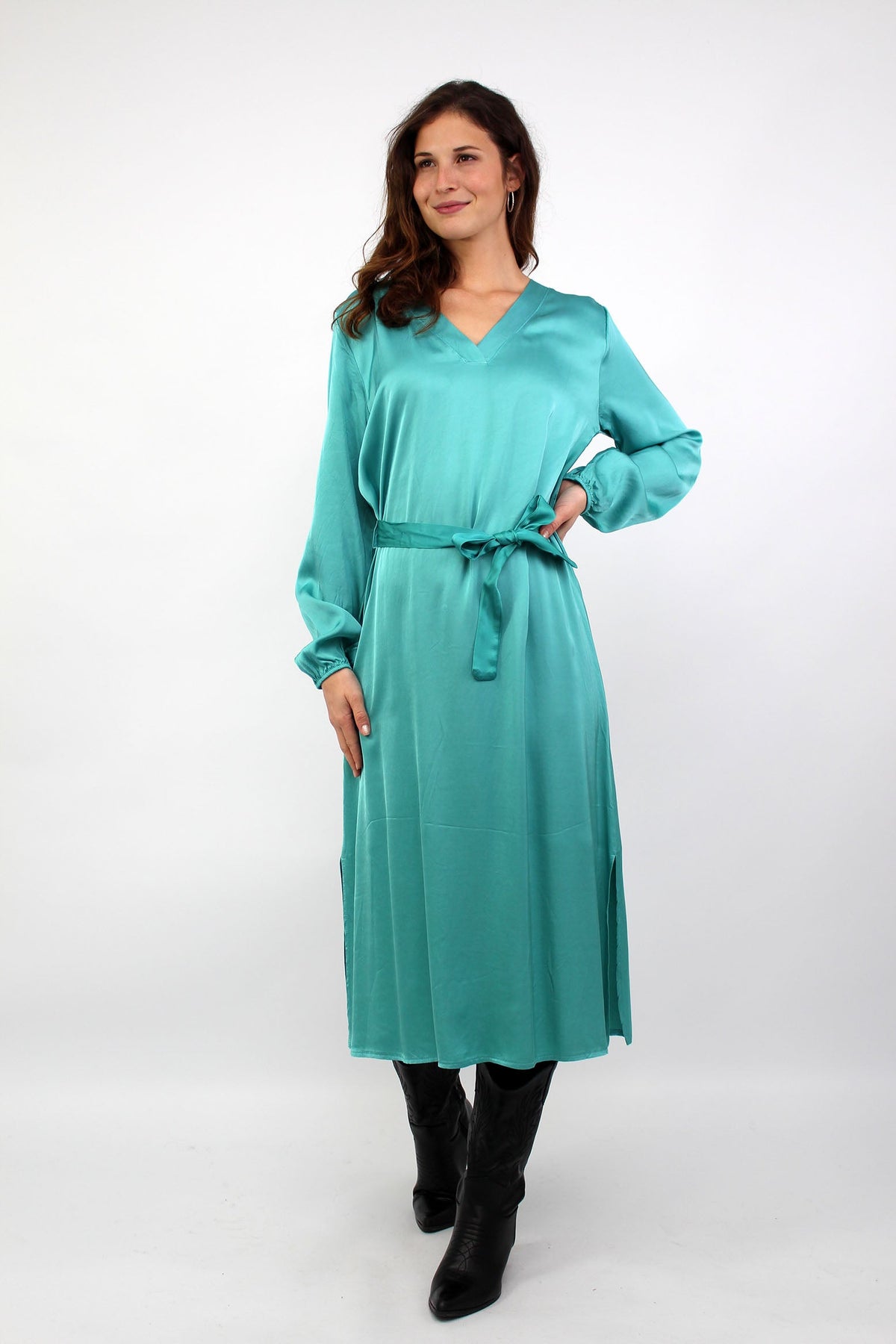 Seidenkleid mit Gürtel - Türkis