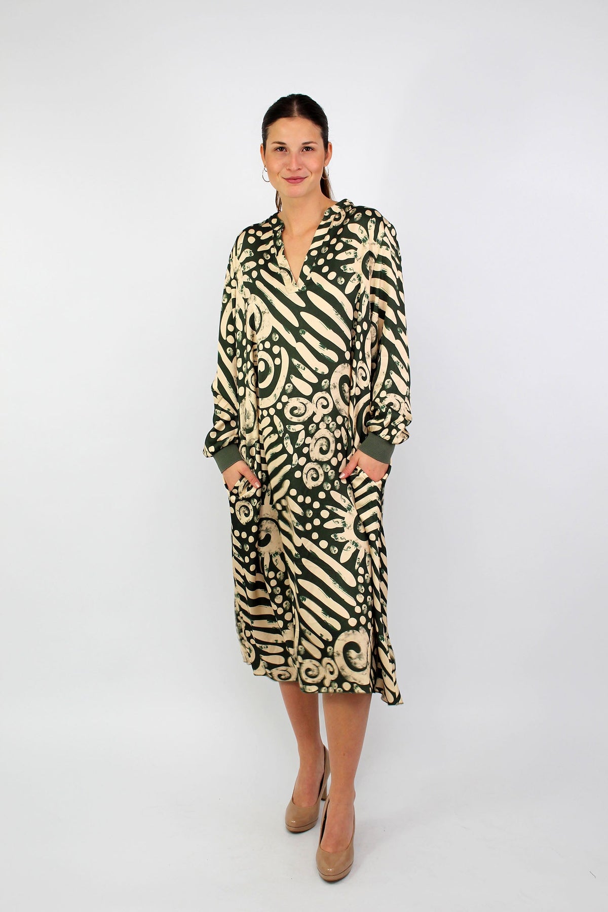 Seidenkleid mit Print - Khaki