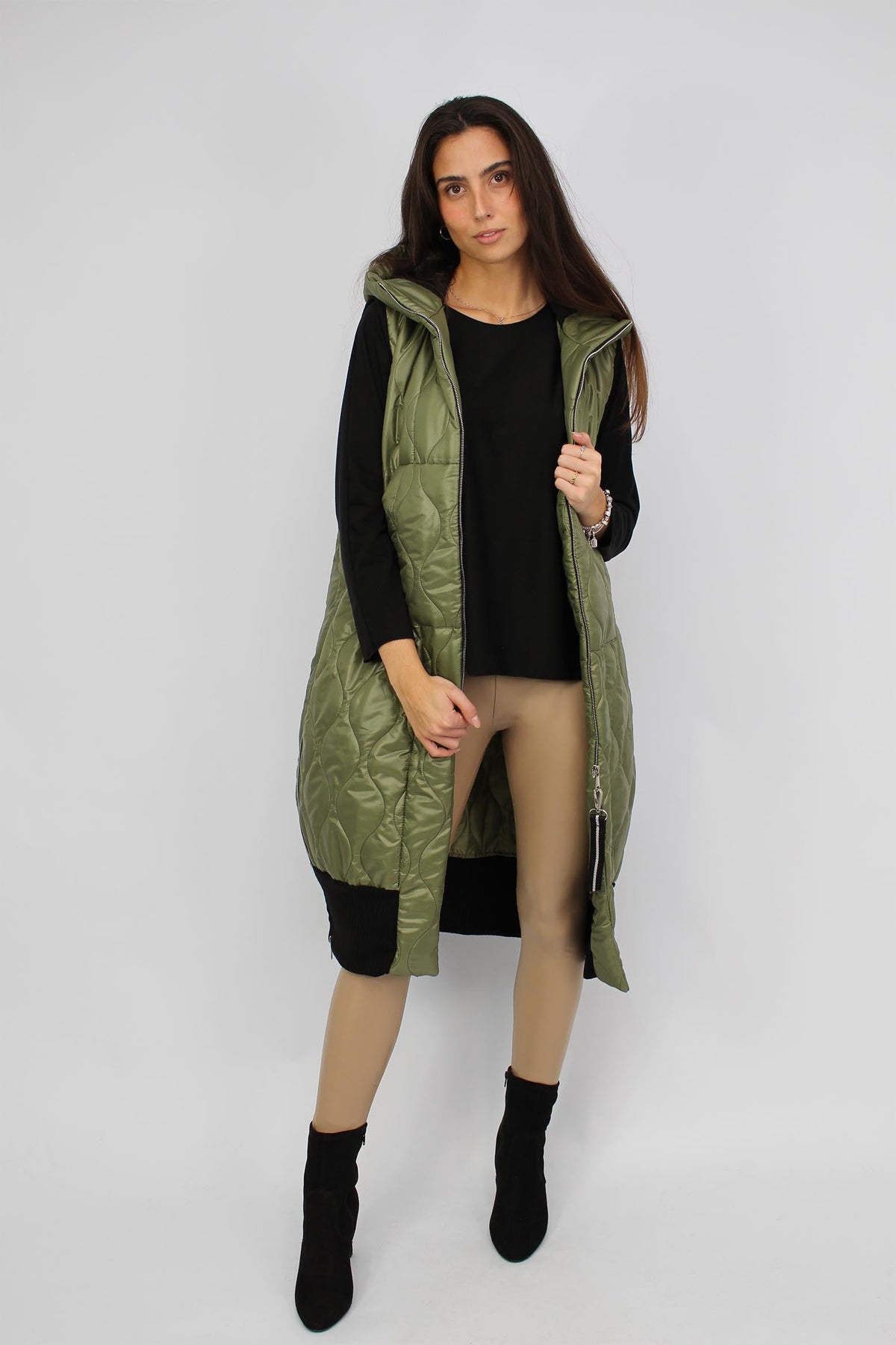 Weste mit Kapuze und Strickbund - Khaki