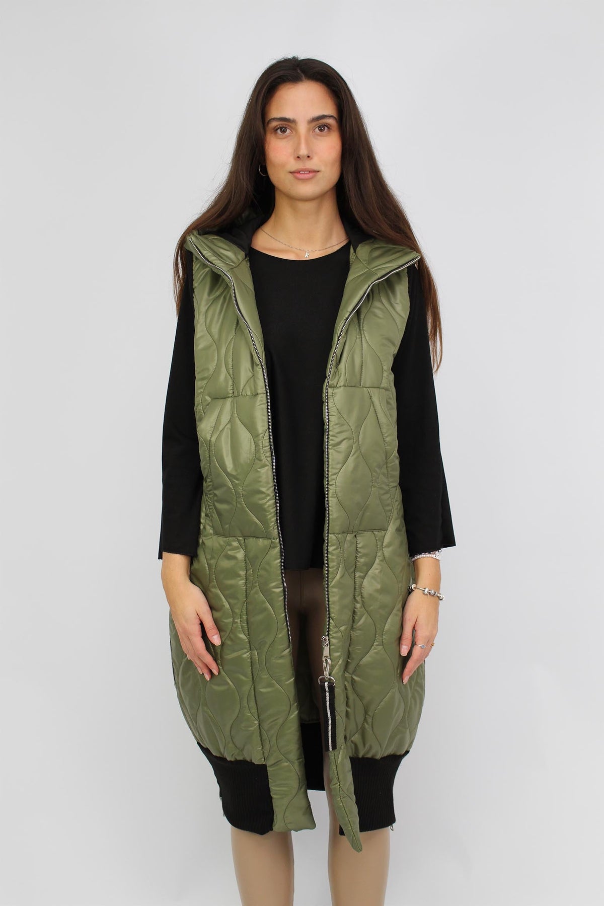 Weste mit Kapuze und Strickbund - Khaki