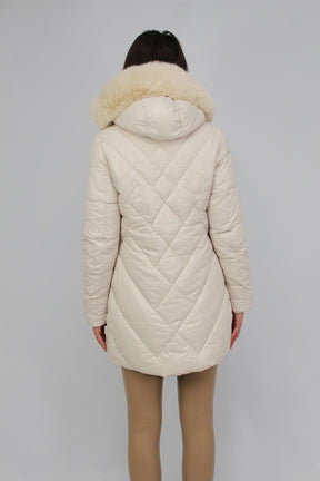 Wintermantel mit Kapuze und Kunstfell - Creme