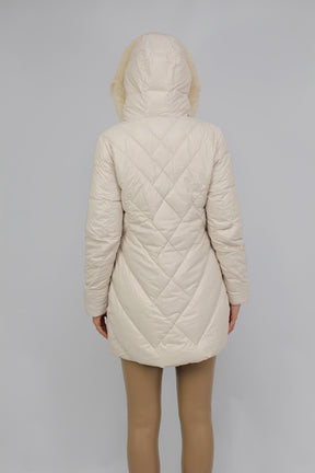 Wintermantel mit Kapuze und Kunstfell - Creme