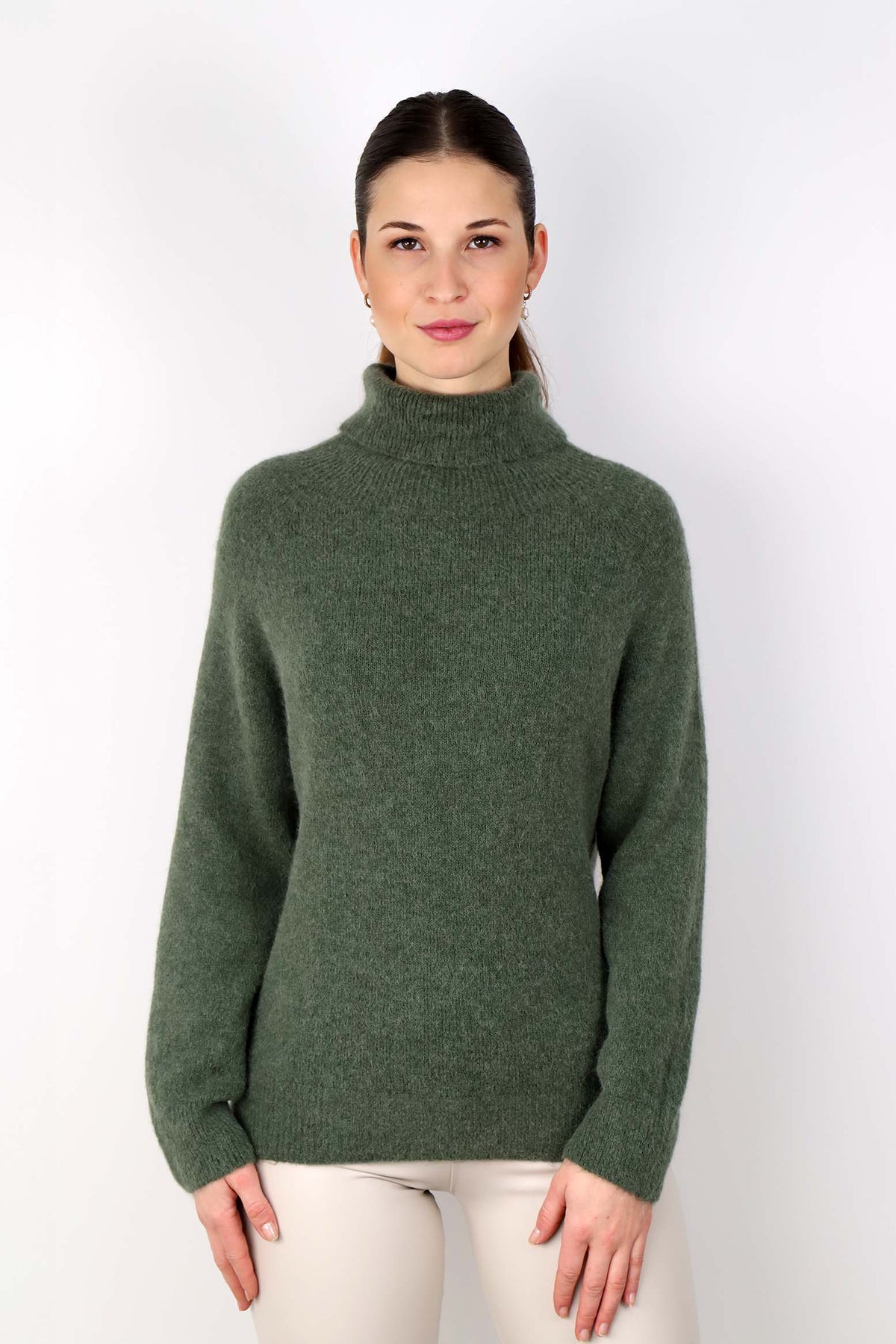 Strickpullover Rollkragen aus Aplaka und Wolle - Khaki