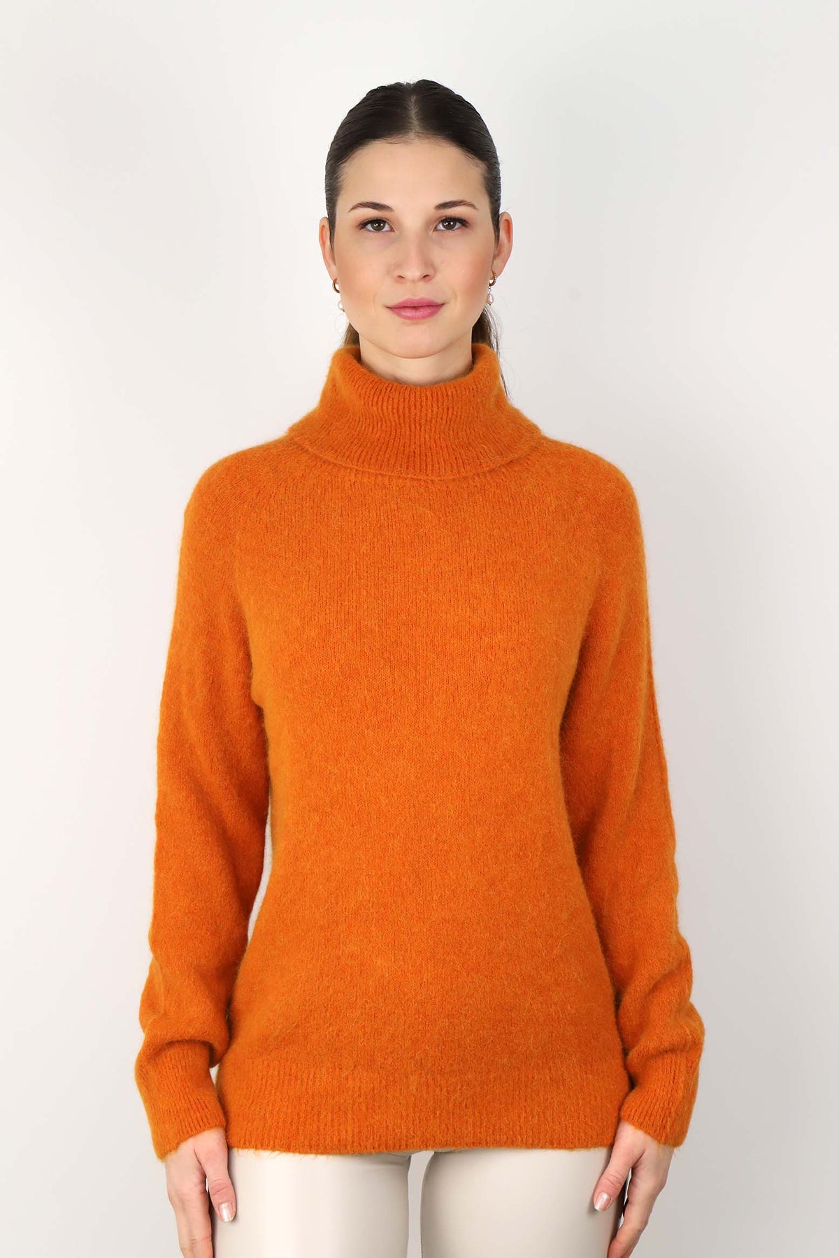 Strickpullover Rollkragen aus Aplaka und Wolle - Orange