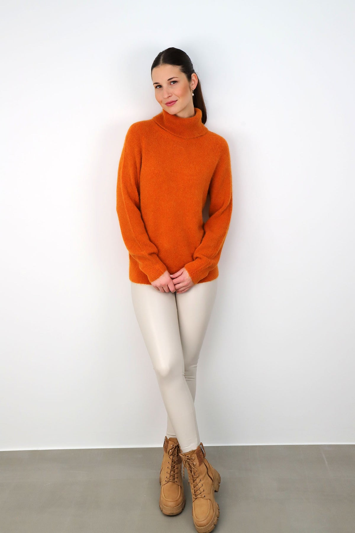 Strickpullover Rollkragen aus Aplaka und Wolle - Orange