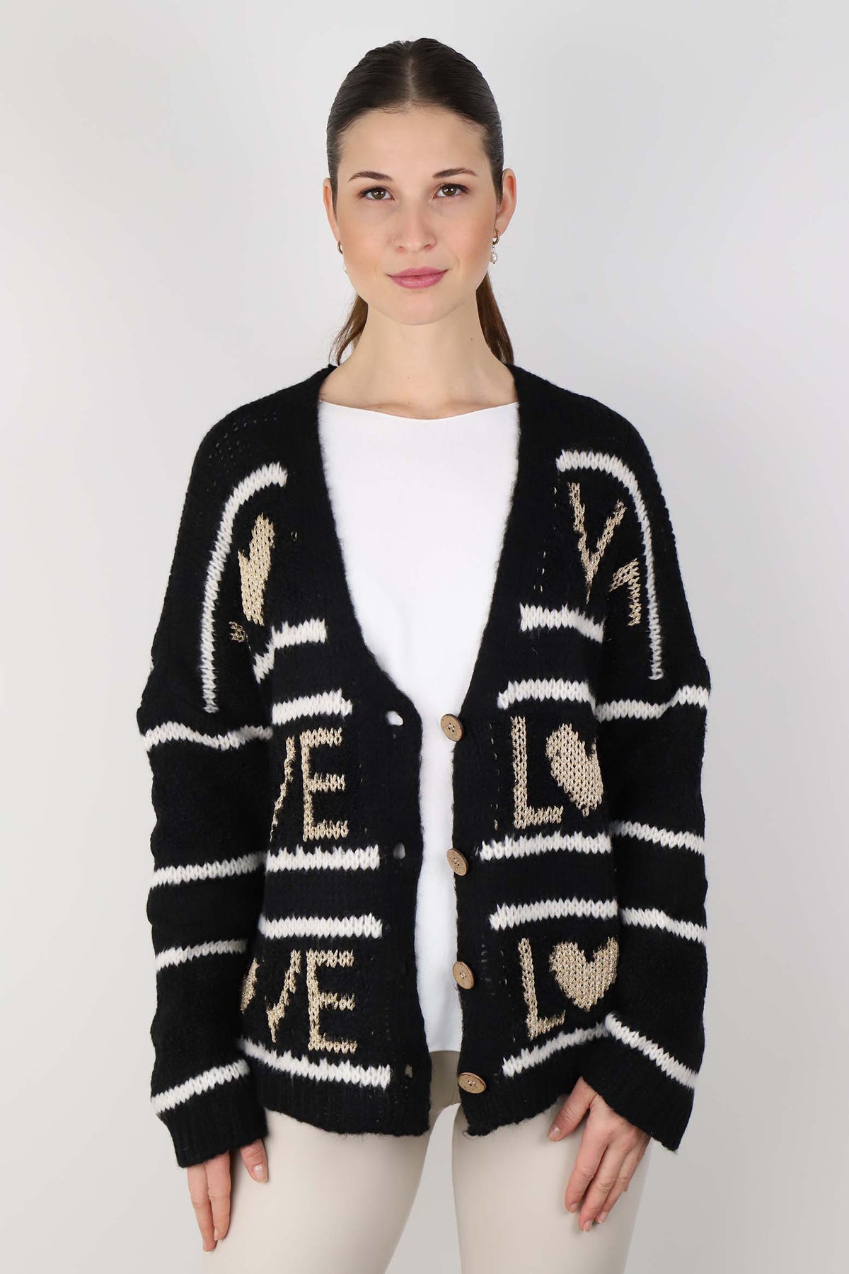 Strickjacke "Love mit Streifen" - Schwarz