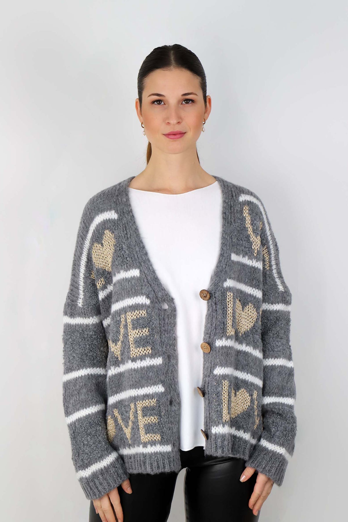 Strickjacke "Love mit Streifen" - Grau