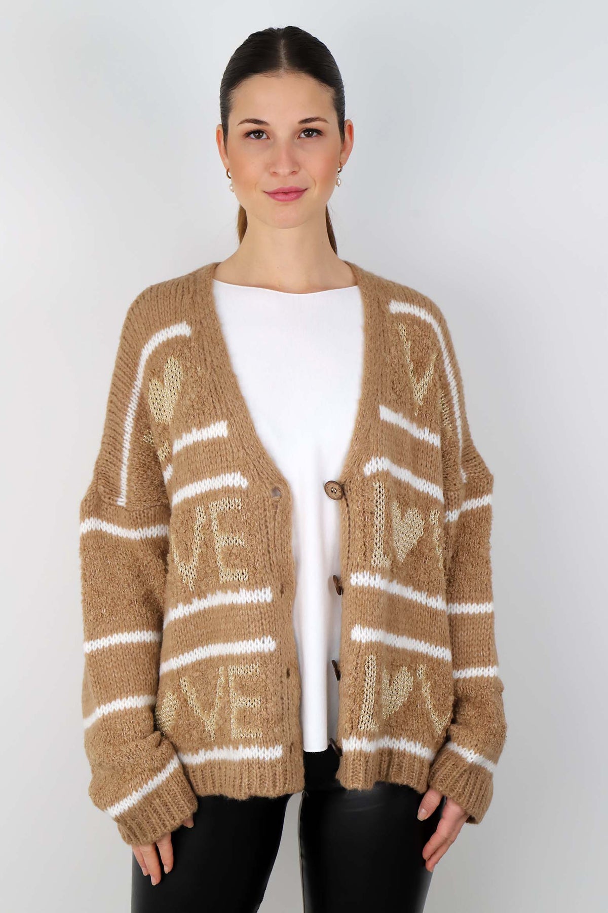 Strickjacke "Love mit Streifen" - Camel