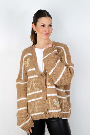 Strickjacke "Love mit Streifen" - Camel