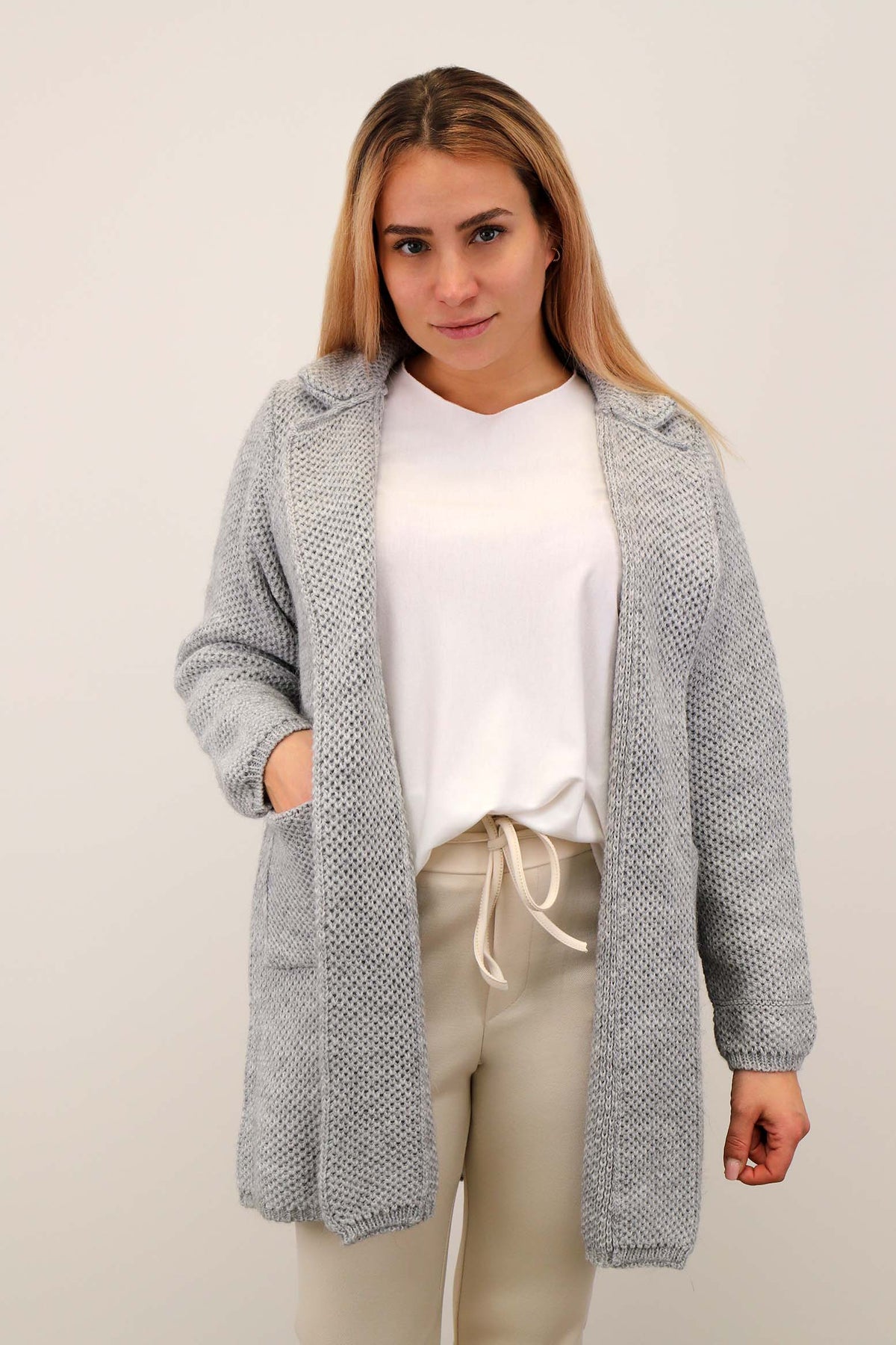 Strickjacke mit Revers Kragen - Grau