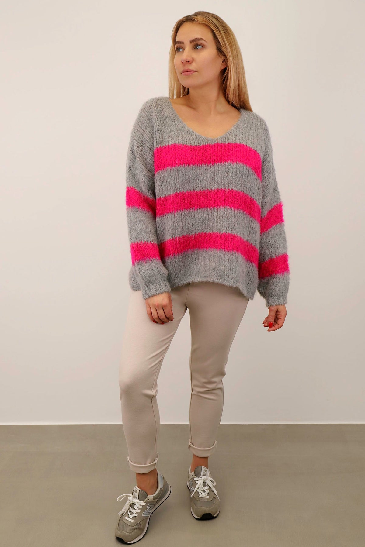 Pullover Streifen "Gebrushed" - Hellgrau/Pink