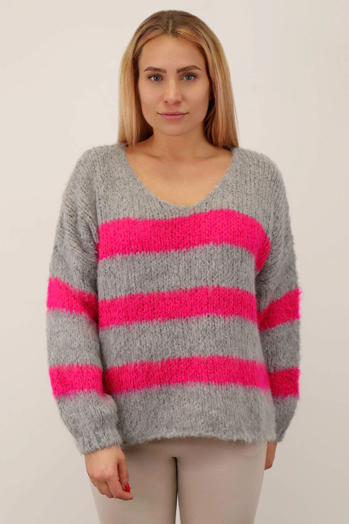 Pullover Streifen "Gebrushed" - Hellgrau/Pink