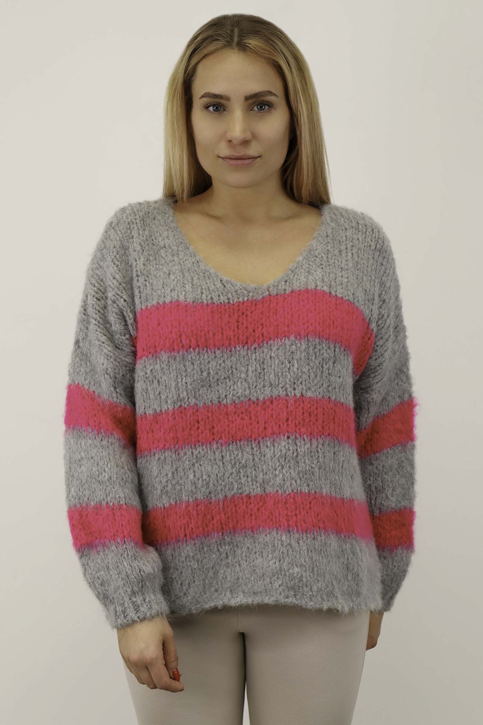 Pullover Streifen "Gebrushed" - Hellgrau/Pink