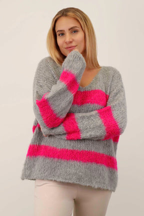 Pullover Streifen "Gebrushed" - Hellgrau/Pink