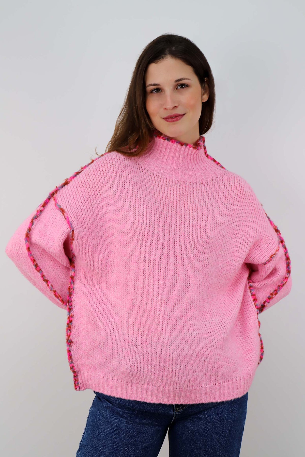 Pullover mit bunter Naht - Rosa