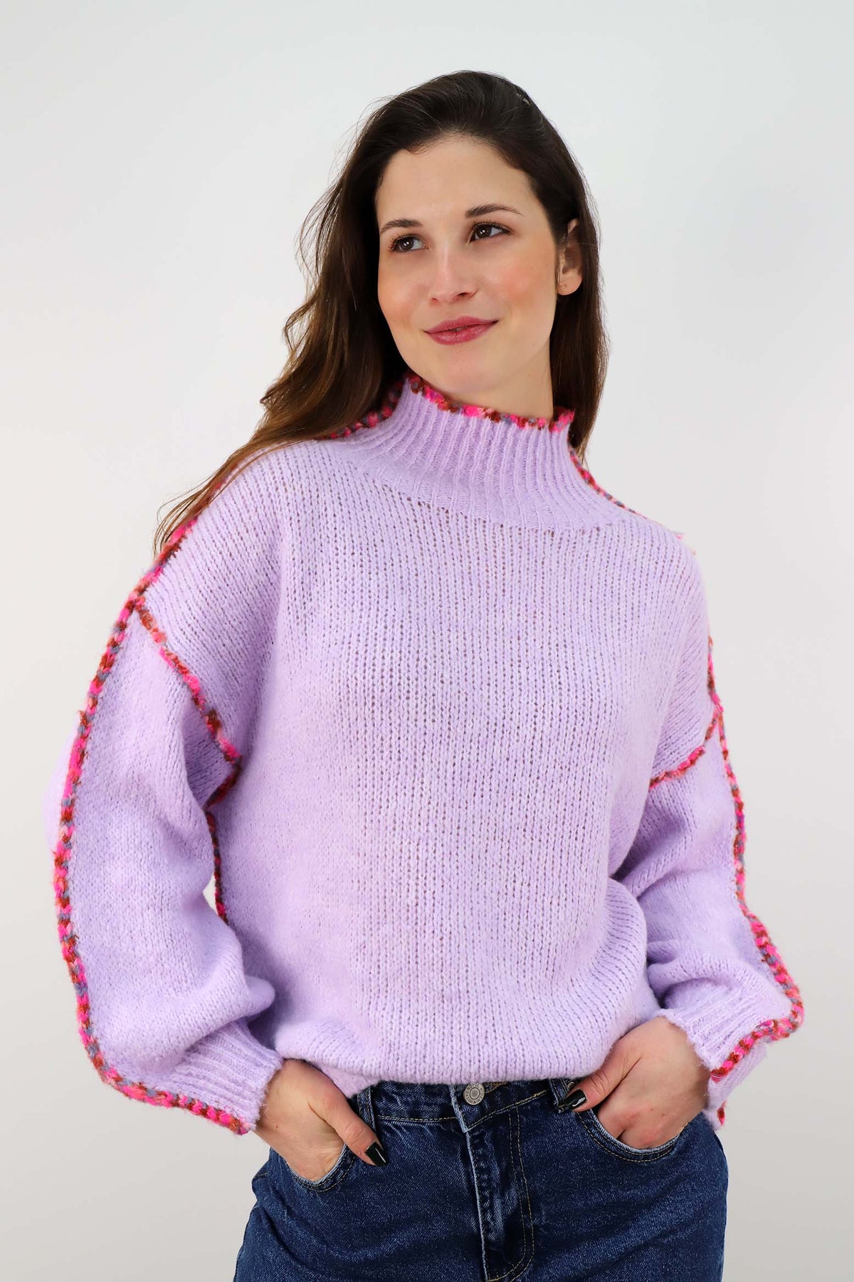 Pullover mit bunter Naht - Flieder