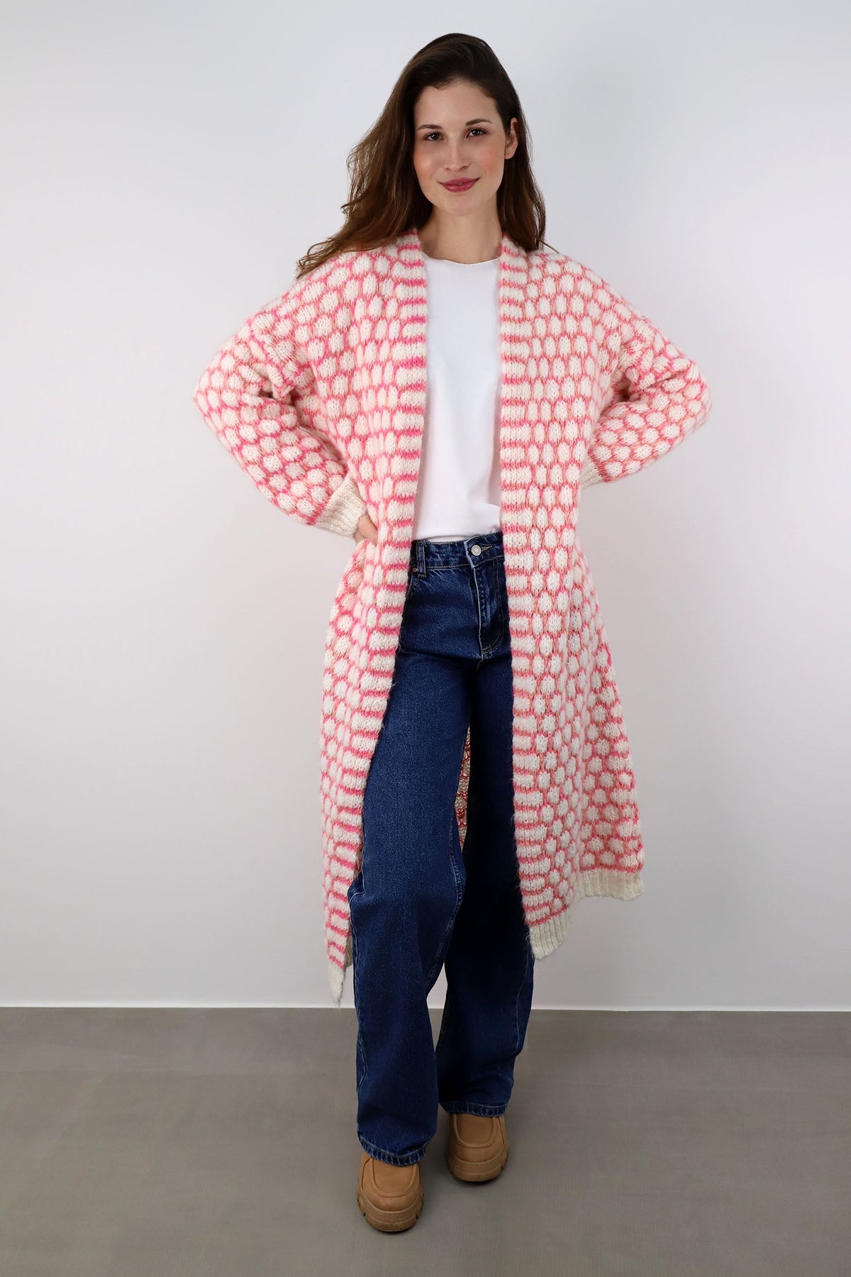 Strickjacke lang "Exklusiv" - Creme/Pink