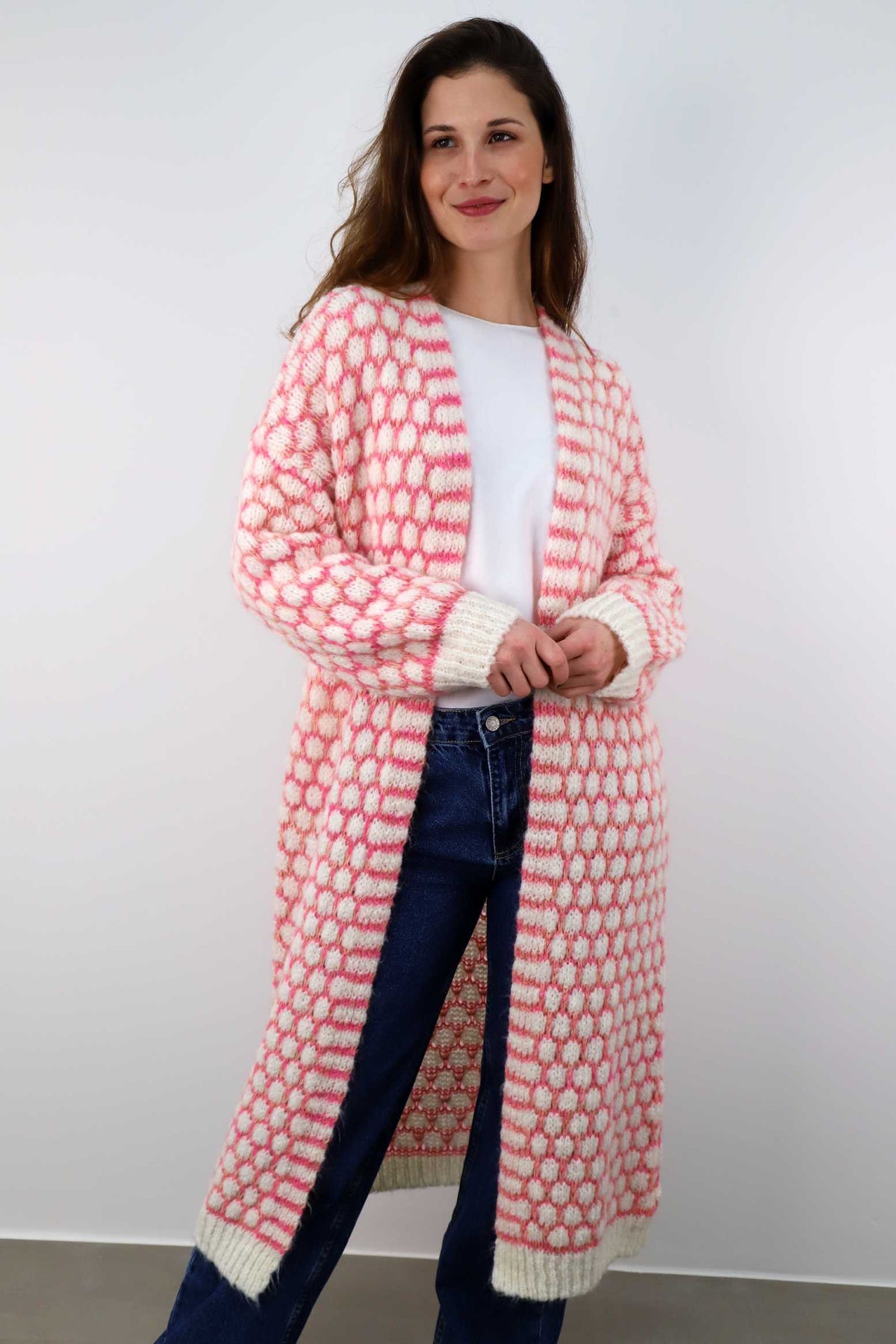 Strickjacke lang "Exklusiv" - Creme/Pink