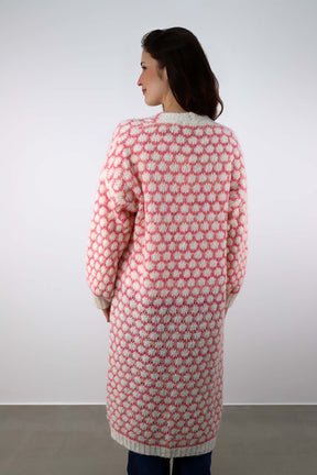 Strickjacke lang "Exklusiv" - Creme/Pink