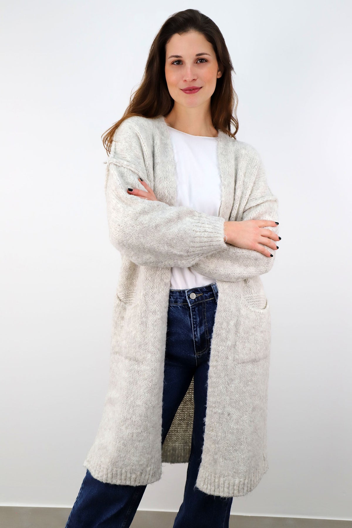 Strickjacke mit Naht und Taschen - Creme